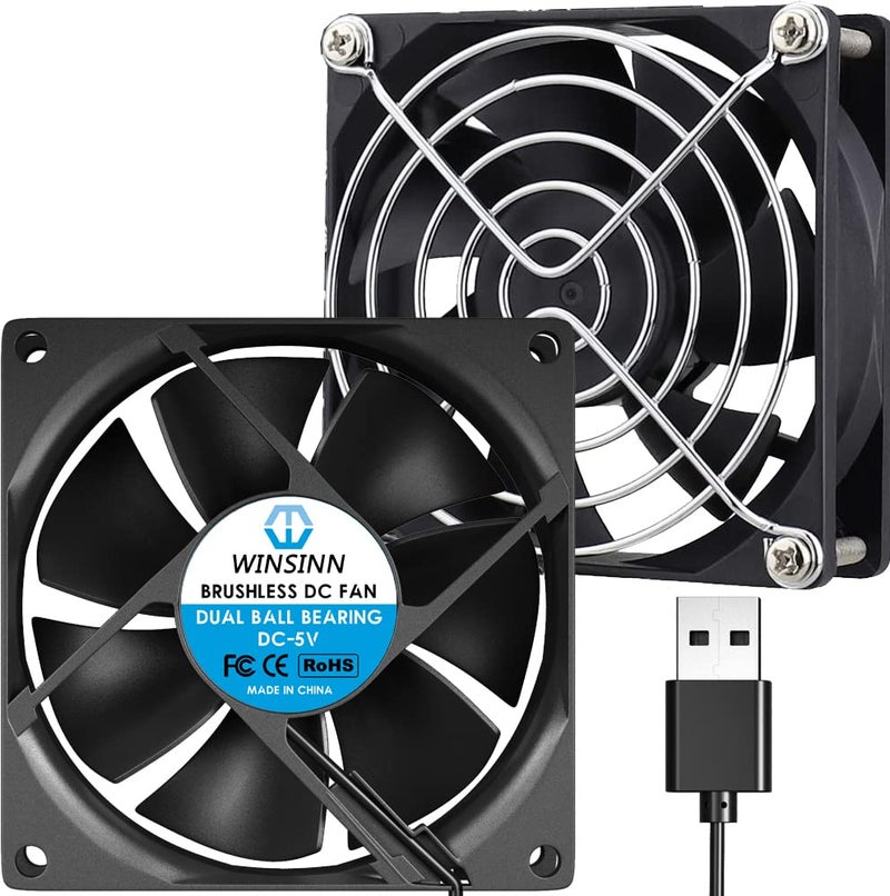 WINSINN DC 80mm USB Fan 5V 8025 Dual Ball Bearing Brushless Cooling 80mmx25mm 2PIN (Pack of 2Pcs) - Image 1